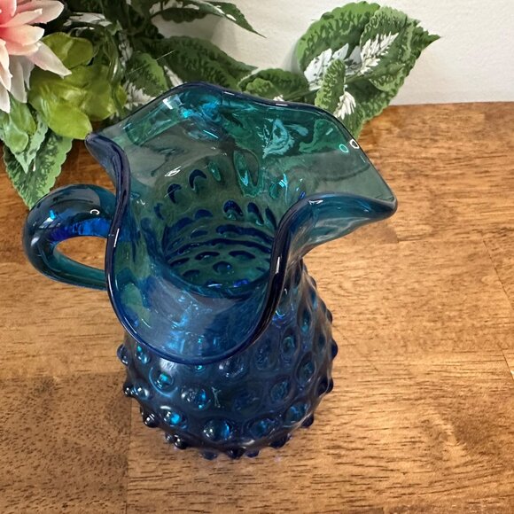 Empoli Blue Hobnail Glass Pitcher Vintage Italian Jug Vase Retro Barware - Picture 3 of 5
